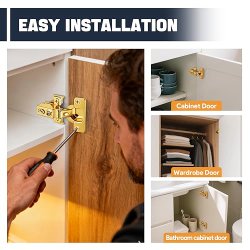 Mousike 40 Pack (20 Pair) Soft Close Cabinet Hinges, 1/2 Overlay Soft Close Hinges for Kitchen Cabinet, Stainless Steel, Built-in Damper, 100 Degree Opening Angle, 6 Way Adjustment (Gold) - color: Gold, size: 40 Pack