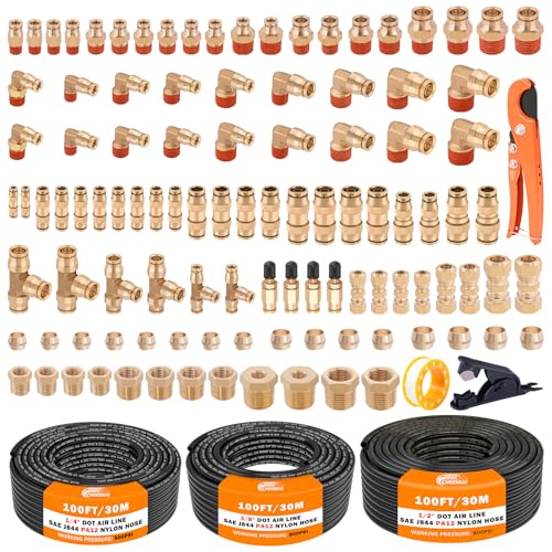 CheeMuii 112PCS Brass DOT Air Line Fittings with 3 Roll 100FT DOT Air Lines - size: 100FT-3ROLL-112PCS