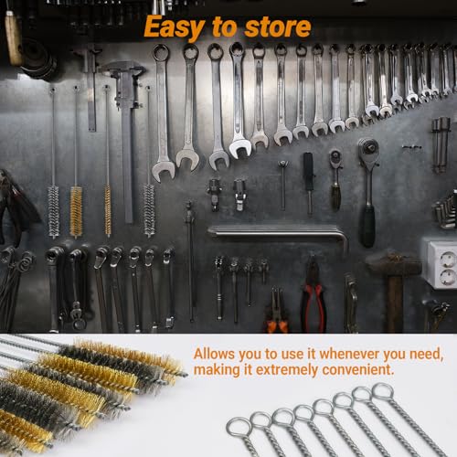 RAWILL 16Pcs Tube Cleaning Brush, Brass Stainless Steel Engine Cleaning Brushes, 12 Inch Long Round Wire Pipe Cleaner for Deep Pipes, Auto Parts, Engine Parts, 8 Sizes - color: Yellow and Silver, size: 16 Pcs-8 Size