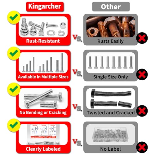 Kingarcher 252Pcs Hex Bolts and Nuts Assortment Kit, 1/4 20 5/16 18 3/8 16 Inch, 304 Stainless Steel 18-8 Assorted Bolts Nuts Flat Washers Hardware Kit, Screw Nut and Bolt Organizer, 3/4" to 2-1/2"