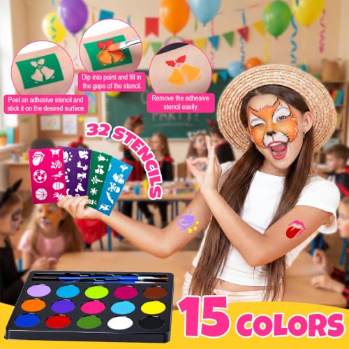 Drawdart Face Painting Kit for Kids - 15 Colors Non-Toxic Water Based Face Paint with Stencils & Brushes - Parties, Birthdays, Halloween Face Body Makeup Kit - color: 15 Colors Kit