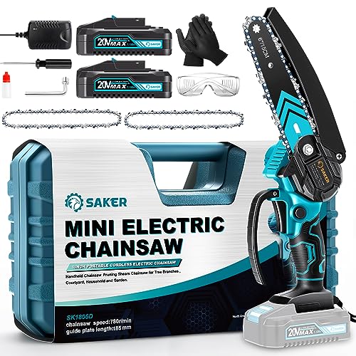 Saker Mini Chainsaw,6 Inch Electric Chainsaw Cordless with 2 Batteries Blue - color: 6 Inch Blue