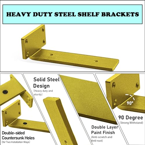 Advanced Heavy-Duty Shelving Bracket - 5-Inch Floating, 0.2-Inch Thick Gold L-Shaped Solid Steel (6 Pieces) - color: Gold, size: 5 Inch