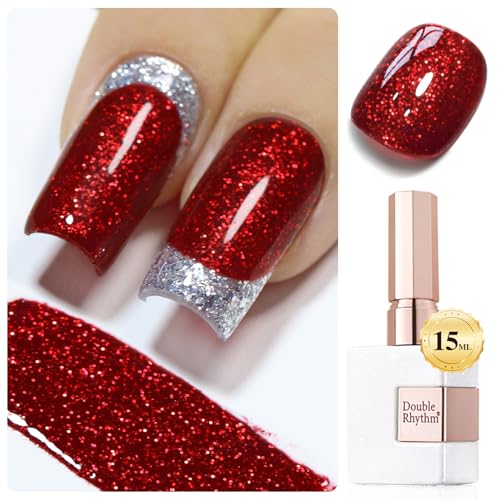 Double Rhythm 15ML Glitter Gel Polish Shimmer Reflective Holographic Color Magnetic for Nail Art Salon DIY at Home (Cherry Red-B1051) - color: Cherry Red