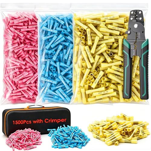 smseace 1500PCS Heat Shrink Butt Connectors Kit 22-16/16-14/12-10AWG Waterproof Electrical Butt Wire Crimp Connectors for Automotive Boat Stereo Industrial Equipment - size: 1500Pcs