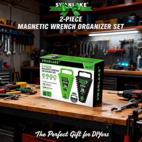 2-Piece Magnetic Wrench Organizer, Metric & SAE Portable Plastic Wrench Holder, 24-Slot Total, Foldable Carrying Handle for Wall-Mounted, Easy-Open Lock Cover, Wrenches Storage Rack Tool for Tool Box - style: 2PCS Green&Black