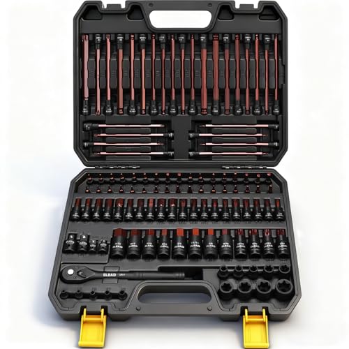 112-Piece Torx and Allen Bit Socket Set, 1/4", 3/8",1/2" Drive Bit Socket Set with Ratchet Wrench, Adapters, Extra Long & Tamper Proof torx/Hex/Ball End Hex/E-torx, SAE & Metric - color: 112-piece Black
