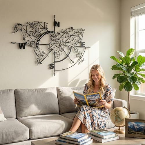 DEKADRON Metal World Map Compass Wall Art Metallic Sign Decoration (39" × 28" / 98x75cm) - size: 39"L x 28"W