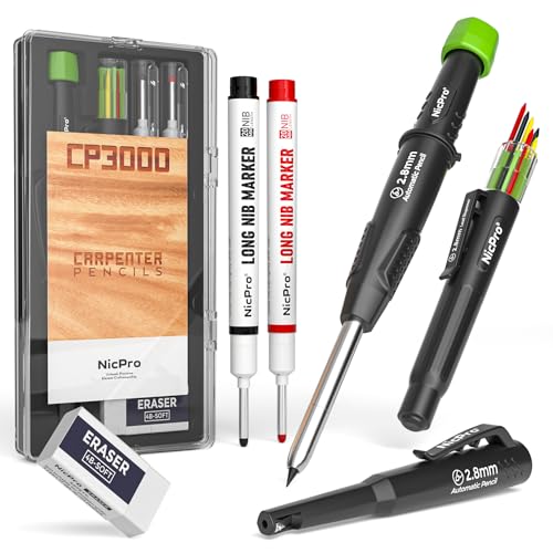 Nicpro Carpenter Pencil with Sharpener, CP3000 Construction Pencils with 6 Refills in a Lead Dispenser, Deep Hole Long Nib Marker Pens for Construction, Heavy Duty Carpenter Tools for Woodworking - style: Carpenter Pencil and Marker Pen