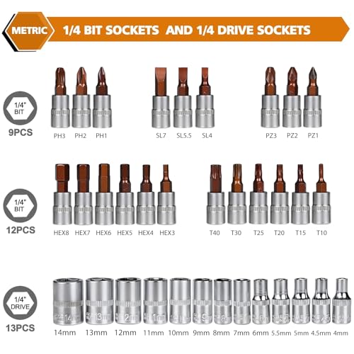 Egofine 46 Pieces 1/4 inch Drive Socket Ratchet Wrench Set Nickel Tool | Pearl nickel coating with 72-Teeth Ratchet Wrench S2 Bit Socket Set Suitable Auto Repairing and Household with Storage Case - style: 1/4" 46 PCS with 72 Teeth Ratchet