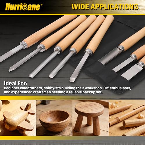HURRICANE 8pc Wood Lathe Turning Tool Set, Wood Turning Chisel Set for Woodworking. 2 Skew 1 Spear Point 1 Parting 1 Round Nose & 3 Gouge Tools with 1 Canvas Bag Packaging