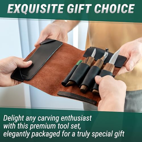 BeaverCraft Spoon Wood Carving Kit - Spoon Carving Tools Set with Hook Knife, Sloyd, Chip, Small Detail Whittling Knives S13X - Deluxe Whittling Knife Set with & Leather Strop and Leather Case