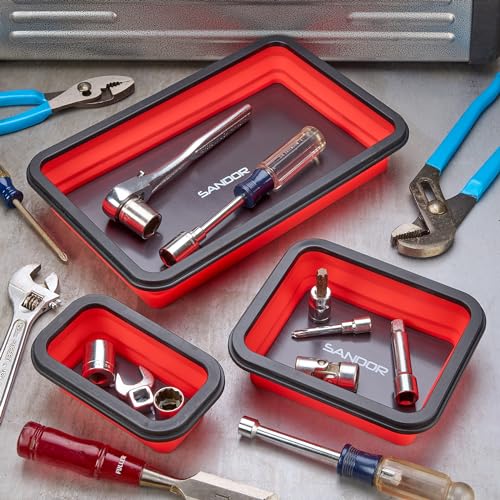Collapsible Magnetic Parts Tray Set - 3 Different Size Tool Trays- Red - color: Red