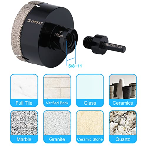 Diamond Hole Saw, 3" Hole Saw for Tiles Granite Marble Ceramic Glass Porcelain, 75mm Core Drill Bit with 5/8-11 Thread and 3/8” Hex Shank Adapter for Angle Grinders & Drills - size: 3"(75mm)