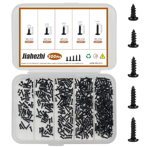 500Pcs M1.2x3/4/5/6/8 Self-Tapping Wood Screws Assortment Kit, Phillips Pan Head, Black Carbon Steel, 6 Sizes, for Wood Plastic and Soft Metal - size: M1.2x3/4/5/6/8-500Pcs