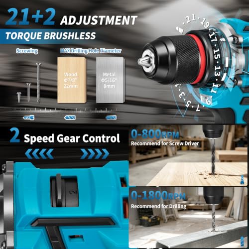 21V Cordless Drill Driver Combo Kit, Brushless Power Drill Tool Set with 2x2.0Ah Battery, 210-PCs Portable General Basic Home Repair Tool Set, Electric Drill Kit for Daily Home Repair, DIY