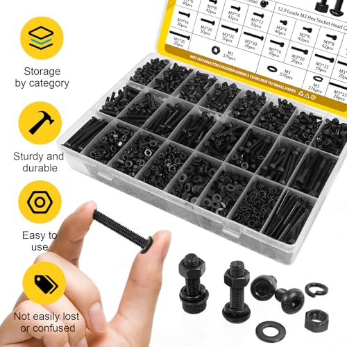 1500PCS M4 Hex Socket Head & Button Head Screws Nuts Assortment Kit - size: M3 2300pcs