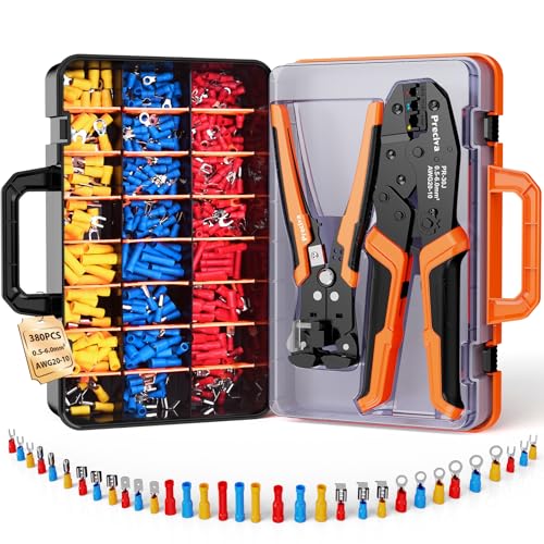 Preciva Crimping Tool for Insulated Terminals Wire Connectors, AWG20-10 Ratchet Crimper with Automatic Wire Stripper and 380 Pcs Insulated Terminals Connectors