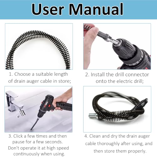 Amonk Drain Auger Cable 3.28Ft Clog Remover with Drill Connector 10mm Flexible Plumbing Snake Pipe Drain Cleaner for Kitchen, Bathroom and Shower Sink