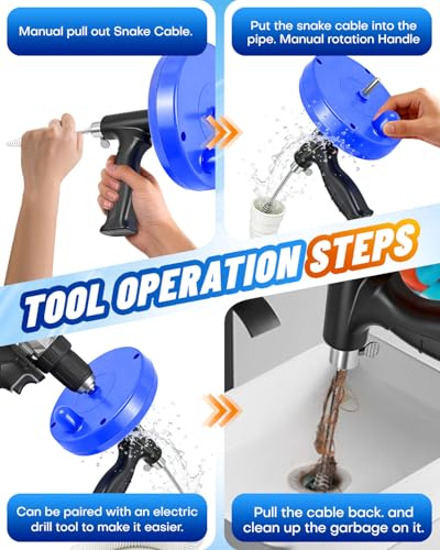 Drain Auger, 25FT Drain Snake with Drill Adapter, Flexible Plumbing Snake Clog Remover with Gloves & Cloth Bag, Use Manually or Powered for Kitchen Bathroom Shower Sink - Blue - color: Bule