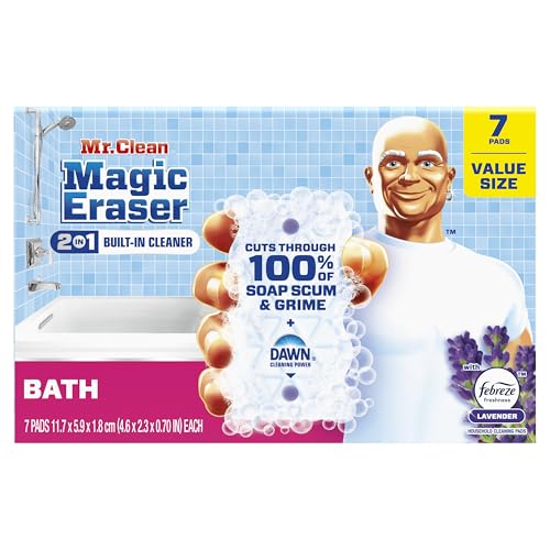 Mr. Clean Magic Eraser Sponge, Bathroom Cleaner, Shower Cleaner, Tub Cleaner, Soap Scum Remover, Bathroom Cleaning Supplies, Dawn Cleaning Power with Febreze Lavender Scent, 2 in 1 Bath, 7ct - size: 7 Count (Pack of 1)
