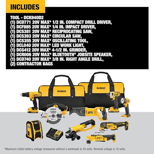 DEWALT 20V MAX Power Tools, 9 Cordless Tool Combo, Impact and Drill Driver, Oscillating Tool, Grinder,Circular and Reciprocating Saw,Right Angle Drill,Speaker,LED Light, 2 Batteries,Charger (DCK940D2) - style: Standard / (2 batts)