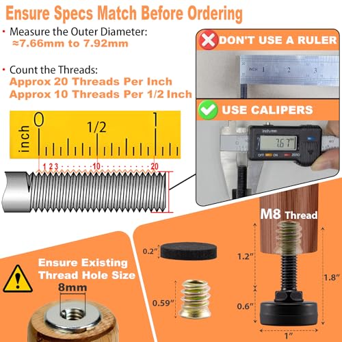 8-Pack Adjustable Furniture Leveling Feet, M8 ISO Metric Thread, 1.8 Inch Height, 1'' Base, Includes Nuts and Felt Padded, Black, Ideal for Desks, Tables, and Chairs