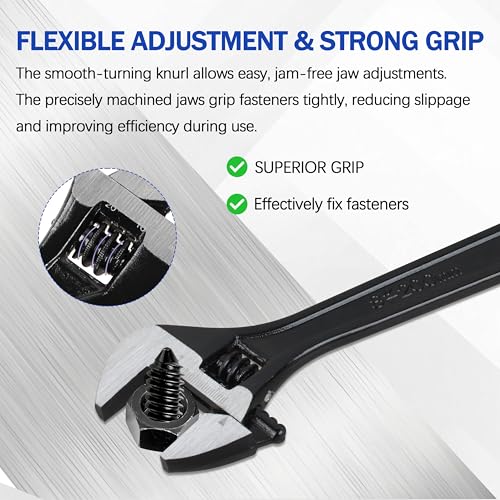 8" Adjustable Wrench,Black Oxide Finish Wide Jaw Spanner
