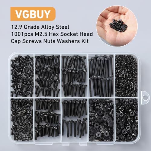 VGBUY 1001Pcs M2.5 Screws Kit,Black M2.5 Screws (7 Sizes 4-20mm),Hex Socket Head Cap Small Metric Bolts Nuts Assortment,12.9 Grade Alloy Steel,Black Oxide, 4/6/8/10/12/16/20mm - size: M2.5x4/6/8/10/12/16/20mm, style: Socket Head