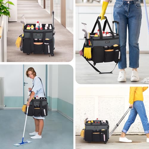 JKAOO Large Rolling Cleaning Caddy Bag with Detachable Trolley, Gray - color: Gray
