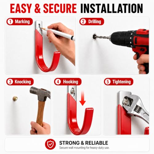 Heavy Duty Metal Garage Hooks Wall Mount 2 Pack, Garage Hanger Utility Storage Hooks for Outside, Hose Rack Suitable for Garage,Garden and Yard,Red