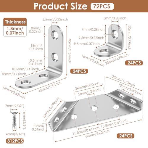 72Pcs Universal Corner Bracket Set, 48Pcs L Bracket(Small + Medium) 24Pcs Triangular Support Brackets with 312 Screws, Multi Use Predrilled Hole Metal Hardware Corner Brace for Drawer, Cabinet,Table,