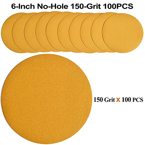 6-Inch No-Hole Hook and Loop Gold Sanding Discs 150-Grit, 100-Pack - size: 150 Grit