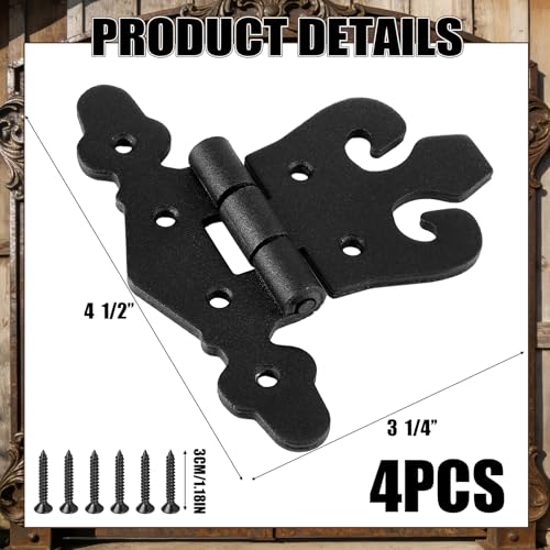 4 Pack 4.5 Inch Antique Cast Iron Vintage Heavy Duty T Hinges Black Powder Coated Wrought Iron Antique Flush Mount Hinge Barn Door Shed Hinges with Hardware for Cabinet Wardrobe Wooden Box