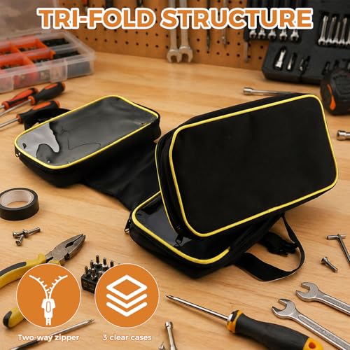 Roll Up Tool Bag with 2 Handle Wraps, Foldable Tool Roll Bag with 3 Translucent Zipper Compartments, Portable Oxford Cloth Small Tool Bag