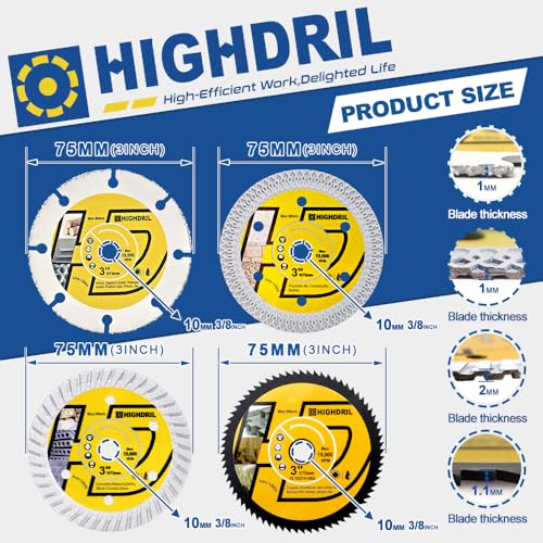 HIGHDRIL 4pcs 3" Circular Saw Blade Set for Metal Tile Marble Plastic Wood | 3" 75mm Diamond/HSS/Carbide Cutting Disc for Angle Grinder Cutting Metal Tile Marble Granite Plastic Concrete Wood - size: MIX 1
