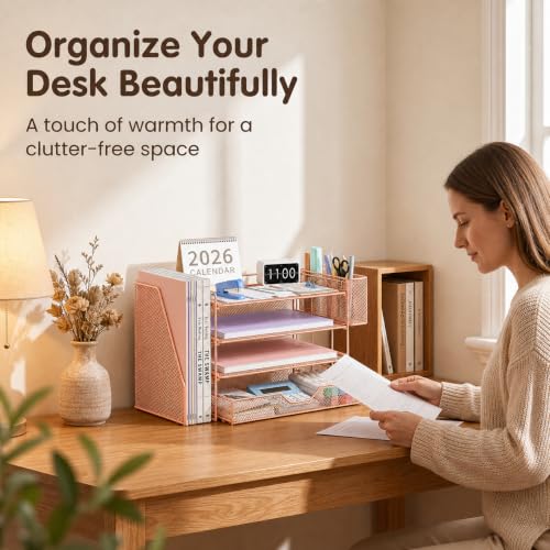 OPNICE Desk Organizers and Accessories, 4-Tier Desktop File Organizer with Drawer and Pen Holders, Office Desk Accessories Workspace Organizers for Office Supplies (Rose Gold) - color: Rose Gold, size: 4T