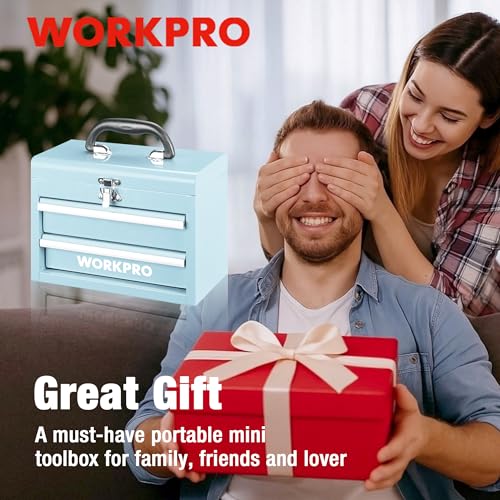 WORKPRO Portable Mini Metal Tool Box with 2 Drawers - color: Macaron Blue