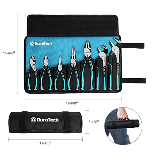 DURATECH 7-Piece Pliers Set with Rolling Pouch,Cr-Ni Construction | 10" & 8" Groove Joint, 8" & 6" Long Nose, 8" Linesman, 6" Slip Joint & Diagonal Pliers