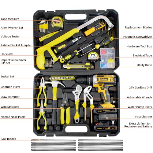 165-Piece Home Tool Kit with Drill,21V Cordless Drill Tool Set with 2 Batteries,Household Tools Kit for Home Repair and DIY Projects - size: 165 Pcs