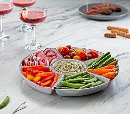 6 Sectional Round Plastic Serving Tray/Platters White W Silver Rim Pack of 2 - color: White & Silver
