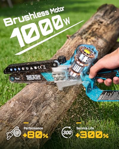 SEESII Mini Chainsaw 6 Inch Brushless, Automatic Oiler - color: Steel Blue