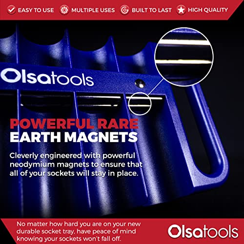 Olsa Tools Magnetic Portable Socket Organizer Tray - 1/2-Inch Drive - Blue Holder for Deep & Shallow Sockets - Fits up to 1-3/16" SAE or 30mm Metric - Storage Rack - Part 1080 - color: Blue, size: 1/2-Inch Drive