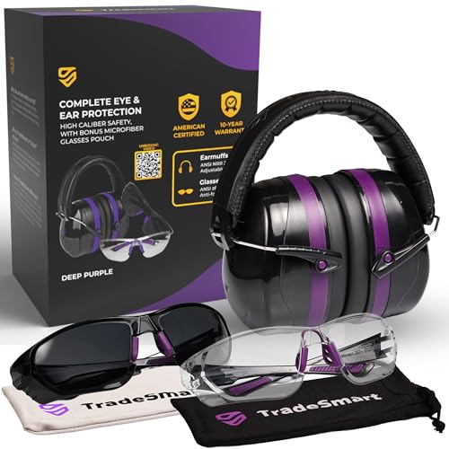 TradeSmart Shooting Ear Protection for Gun Range, NRR 28 Earmuffs & Eyewear - color: Clear+tint - Purple