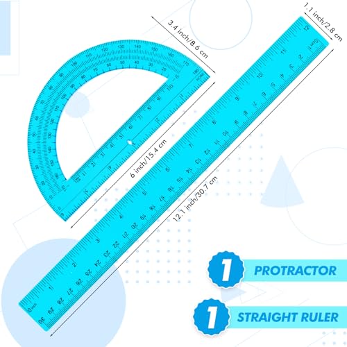 Zonon 2 Pcs 12 Inch Clear Ruler and 6 Inch Plastic Protractor Set, Blue - color: Blue