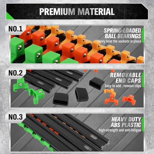 SWANLAKE Organizer Socket Holder, 9PCS 1/4-Inch x 48 Clips, 3/8-Inch x 45 Clips, 1/2-Inch x 36 Clips, Premium Quality Socket Clip Rail Holder - style: 9 PCS Green&Yellow&Orange