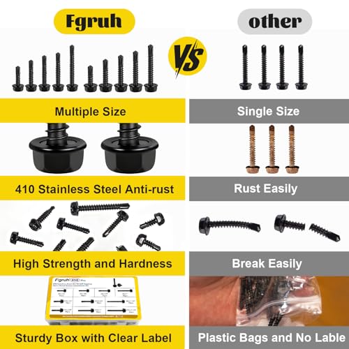 458Pcs #8#10 Black Self Tapping Screws for Metal, Hex Washer Head Self Drilling Screws Assortment Kit, 410 Stainless Steel Sheet Metal Screw, Length 1/2'' 5/8'' 3/4'' 1'' 1-1/4'' - size: 458pcs #8#10 Black