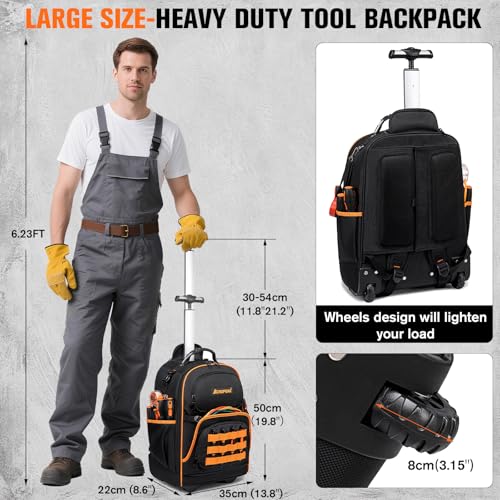 AUROPEAK Rolling Tool Backpack, 47 Pocket Heavy Duty Tool Bag with Wheels - size: 1.57" Wheel
