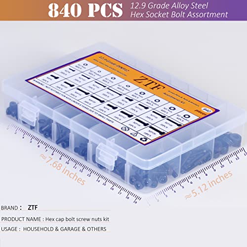 ZTF 840PCS M2 M3 M4 M5 Socket Head Cap Screws Nuts Assortment Kit with Storage Box, 12.9 Grade Alloy Steel Metric Thread Hexagon Allen Machine Bolt, DIN 912 Black Oxide Finish,4 Hex Wrenches Included - style: Hex Socket Head
