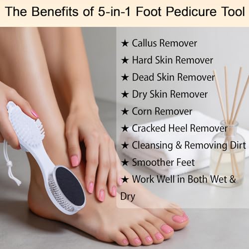 Foot Scrubber Brush with Pumice Stone for Feet 5-in-1, 2Pcs Foot File Callus Remover, Stainless Steel Feet Scraper, Cleaning Brush & Sand Paper Debris Catcher, Multi Purpose Home Foot Care, Cyan White - color: Cyan White